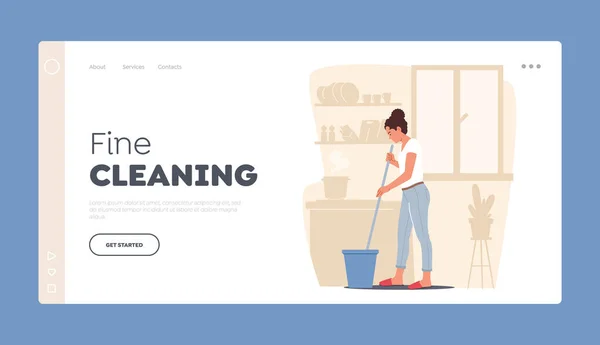 Girl Mopping Apartment Landing Page Template. Home Routine, Household Duties in Room. Young Woman Doing Domestic Work — Stock Vector