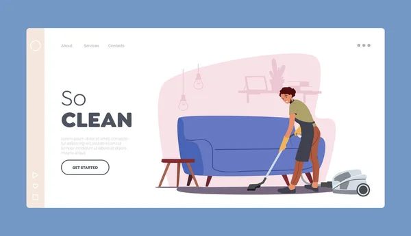 Joven mujer haciendo trabajo doméstico Landing Page Template. Alfombra de limpieza debajo del sofá con aspiradora — Archivo Imágenes Vectoriales