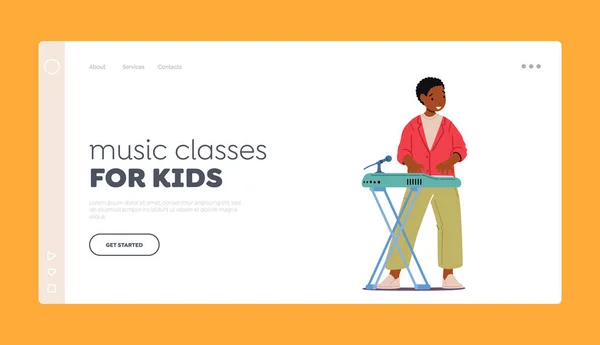 Musikunterricht für Kinder Landing Page Template. Afrikanischer Junge spielt auf Synthesizer mit Mikrofon, Künstler performt — Stockvektor