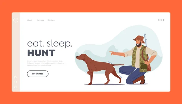 Hunter met Rifle and Dog Hunting in Forest Landing Page Template. Zomer Hobby, Sport of Outdoor Activiteit — Stockvector