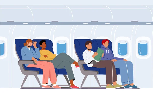 Νέοι που κάθονται σε άνετα καθίσματα αεροπορικού αεροπλάνου Βιβλίο ανάγνωσης, χαλάρωση, ύπνος κατά τη διάρκεια της πτήσης, επιβάτες αεροπορικό ταξίδι — Διανυσματικό Αρχείο
