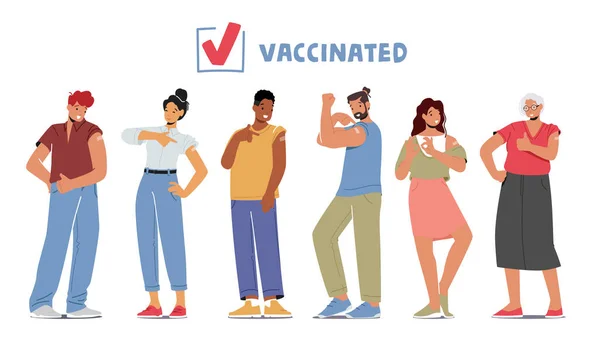 Set di persone vaccinate mostrano patch e gesti positivi, personaggi maschili e femminili isolati su sfondo bianco — Vettoriale Stock