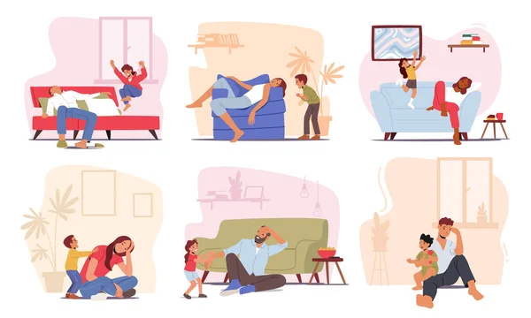 Conjunto de padres cansados con hijos hiperactivos en el hogar, padres cansados y personajes de mamá duermen mientras los niños juegan — Archivo Imágenes Vectoriales