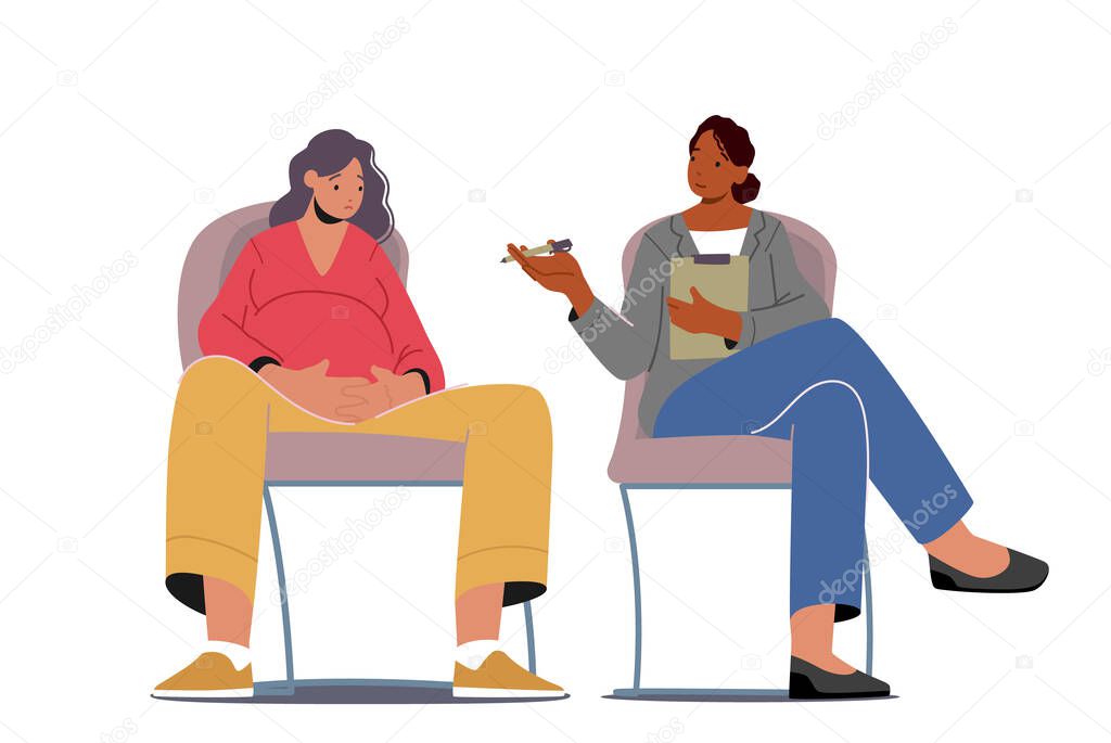 Psychological Support for Pregnant Woman in Perinatal Class, Coach and Pregnant Female Characters Sitting on Chairs