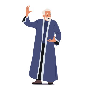Yaşlı Sihirbaz Büyücü Karakteri Büyü Yapıyor. Beyaz Sakallı Merlin veya Dumbledore Kişi Uzun Mavi Cübbe Giyin
