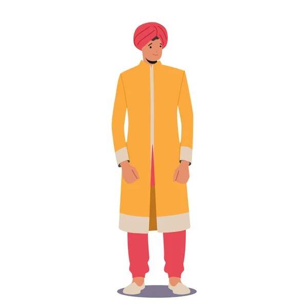 A fiatal indiai férfi sárga hosszú köpenyt, vörös turbánt és nadrágot visel. Férfi karakter viselése Hagyományos ruhák elszigetelt fehér — Stock Vector