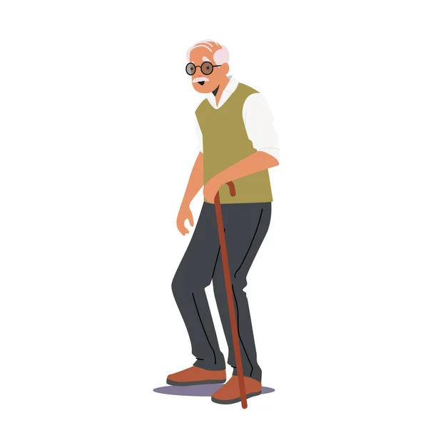 Zniedołężnienie, koncepcja starości. Starszy pan, dziadek w podeszłym wieku porusza się z pomocą chodzącego trzciny cukrowej. Mężczyzna w podeszłym wieku Białe włosy — Wektor stockowy