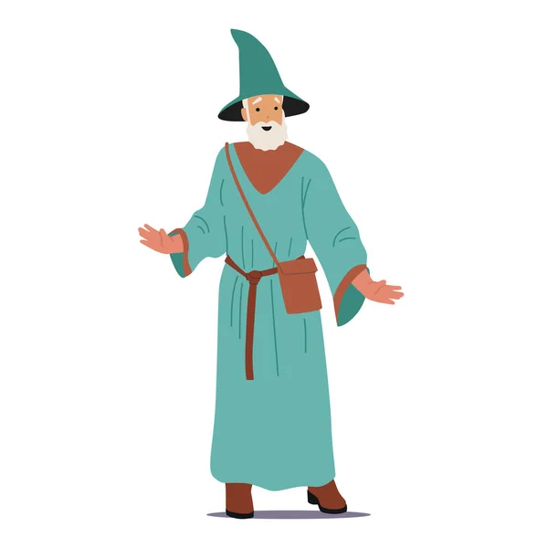 Viejo mago llevar bata larga y sombrero de bruja con bolso de hombro, personaje mago Merlín o personaje Dumbledore con barba — Vector de stock
