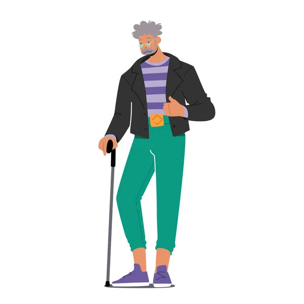 Trendy Pensioner with Walking Cane, Old Grey Haired Male Character Wear Fashionable Clothes Isolated on White Background - Stok Vektor