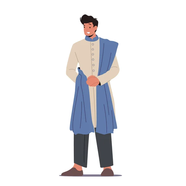 Indian Character Draag Traditionele Kleding Lang Kurta Shirt en Broeken Geïsoleerd op Witte Achtergrond. Jonge glimlachende man — Stockvector