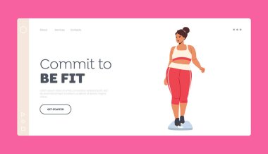 Kadın Karakter Zayıflama Konsepti İniş Şablonu. Artı Şişman Kadın Spor Giyiyor Ölçekli Duruyor