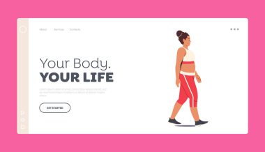 Kadın Karakter Sağlıklı Yaşam İniş Sayfa Şablonu. Şişman Kadın Spor Takım Giyiyor Yürüyüşü. Şişko Kız Kilo Verme