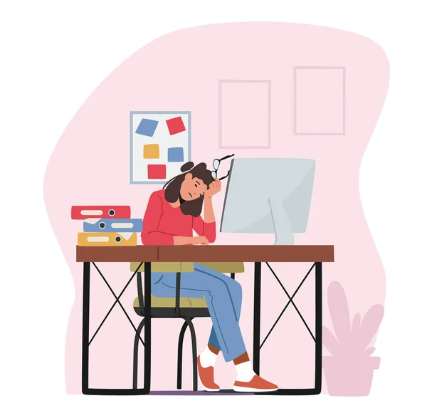 Fáradt túlterhelt üzleti nő szemüveg a kézben Ül csukott szemmel a számítógép próbál kitalálni információkat — Stock Vector