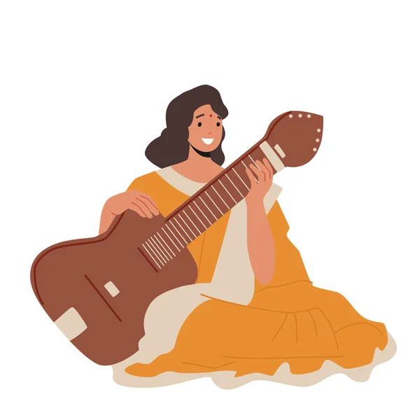 Artista tradizionale indiano personaggio, Musicista donna in abiti nazionali giocare Sarangi isolato su sfondo bianco — Vettoriale Stock