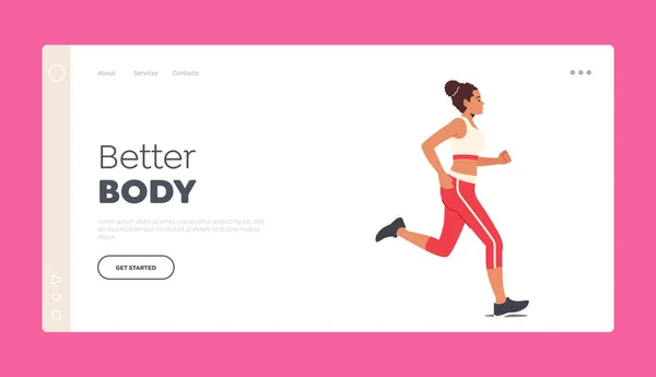 Szablon Happy Female Character Run Landing Page. Sport Activity, jogging i zdrowy styl życia Ćwiczenia, Kobieta Sport — Wektor stockowy
