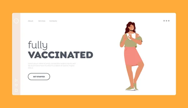 Mensen Immunisatie Landing Pagina Template. Vrolijke dame met patch op de schouder na vaccinatie Show Ok Sign — Stockvector