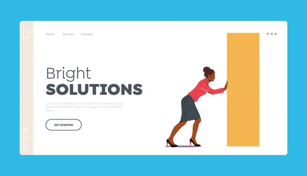 Szablon Bright Solutions Landing Page. Afrykanka pchająca ogromny kształt prostokąta. Wyzwanie, osiągnięcie celu — Wektor stockowy