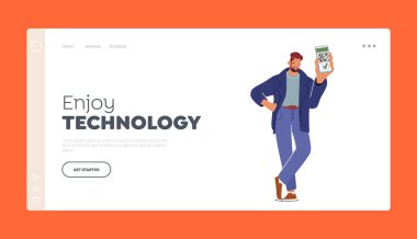 Teknoloji İniş Şablonu 'nun tadını çıkarın. Genç Adam Telefon Ekranında Qr Covid-19 Aşılama Kodu Göster