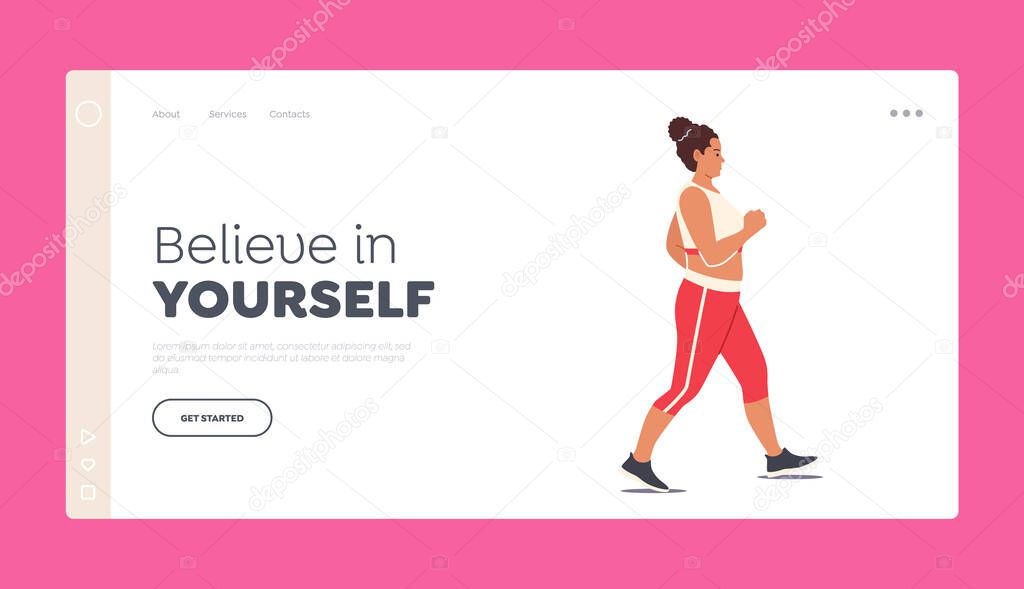 Body Transformation Landing Page Template. Fatty Female Character Weight Loss, Woman Healthy Life, Slimming, Walking
