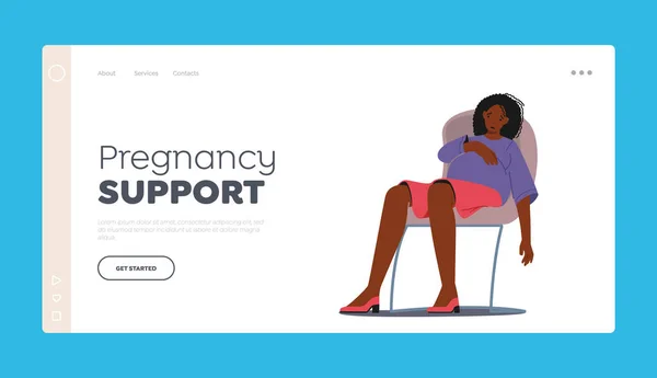 Schwangerschaft Unterstützung Landing Page Template. Traurige schwangere Frau mit dickem Bauch sitzt auf Stuhl mit verdrehtem Gesicht — Stockvektor