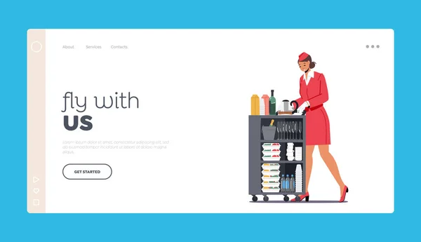 Airplane Service, Stewardess Landing Page Template. Stewardess schiebt Trolley mit Getränken oder Essen. Flugbegleiter — Stockvektor