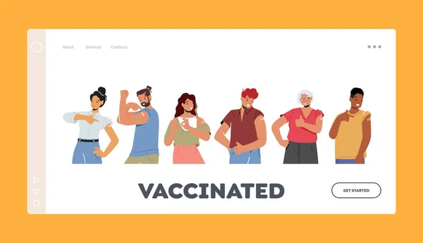 A beoltott emberek landolása oldal Sablon. Fiatal személyek immunizálás, védőoltás, egészségügyi ellátás. Pozitív karakterek — Stock Vector