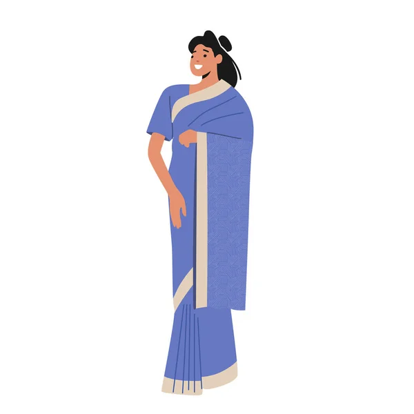 Indiai emberek koncepciója. Pozitív Női karakter Viseljen Kék Sari Hagyományos ruhák Elszigetelt fehér háttér — Stock Vector