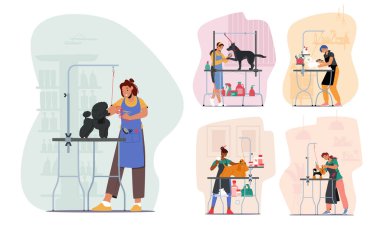 Kuaförlerin Karakterleri Köpek Bakımı Yün ve Pençe Kesme, Evcil Hayvanlar İçin Salonda Kurutma ve Mücadele. Bakım Servisi