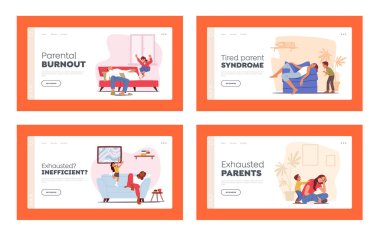 Yorgun Ebeveynler İniş Şablonu Ayarları. Hiperaktif Çocuklar Evde, Yorgun Baba ve Anne Çocuklar Oynarken Uyuyor