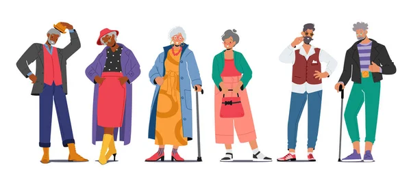 Los viejos personajes masculinos y femeninos de moda usan ropa de moda aislada sobre fondo blanco. Hombres o mujeres mayores con estilo — Archivo Imágenes Vectoriales
