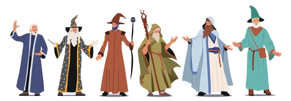 Uppsättning av olika trollkarlar tecken bära lång rock, mantel och hatt med trollstav eller magisk personal isolerad på vit bakgrund — Stock vektor