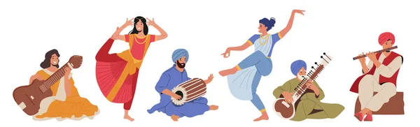 Серия персонажей индийских уличных артистов, музыкантов и танцоров в красочных платьях — стоковый вектор