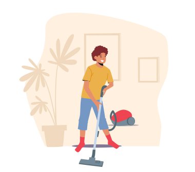 Erkek karakter ev işi yapıyor, yerleri temizliyor, halı temizliyor. Çocuk Esirgeme Kurumu Elektrik süpürgesi ile Evi Süpürüyor