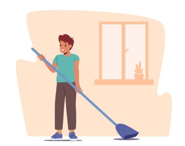 Süpürgeli Çocuk. Çocuk karakteri ev işi yapıyor, yerleri temizliyor, halıları temizliyor. Oğul Yardımcısı