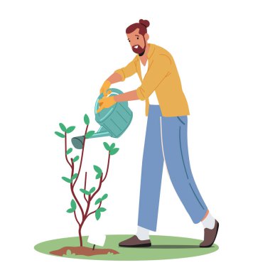 Bahçe işleri hobisi ya da mevsimlik iş kavramı. Bahçıvan ya da Çiftçi Erkek Karakteri Bahçe Suyu Ağacında Can ile Çalışıyor