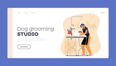 Köpek Bakımı Stüdyo İniş Sayfası Şablonu. Kuaför Bakımcı Kadın Karakteri Salondaki Şirin Köpek, Evcil Hayvan Biçimi