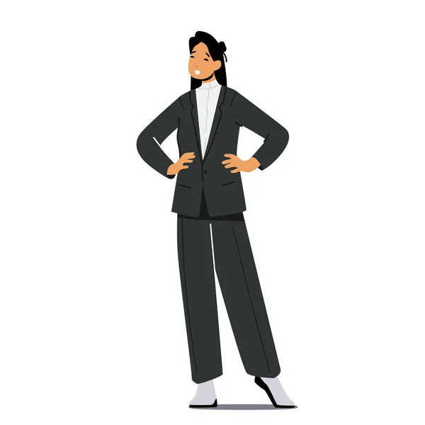 Elegante mujer de negocios asiática vestida con trajes formales de moda Stand with Arms Akimbo. Personaje femenino en traje moderno — Vector de stock