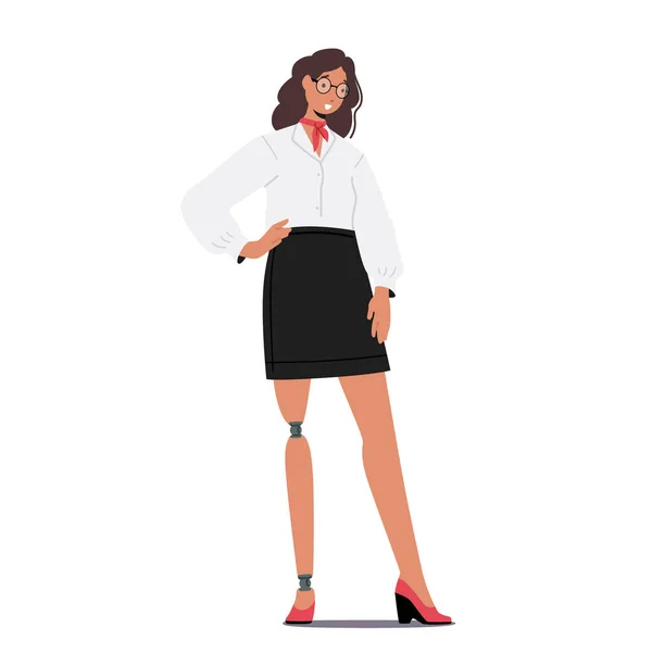 Молодая предпринимательница-инвалид с протезом ног. Женский персонаж в формальной носить элегантную блузку и черную юбку — стоковый вектор