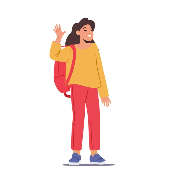 Youth, Happiness and Education Concept. Petite fille élève avec sac à dos agitant la main isolée sur fond blanc — Image vectorielle