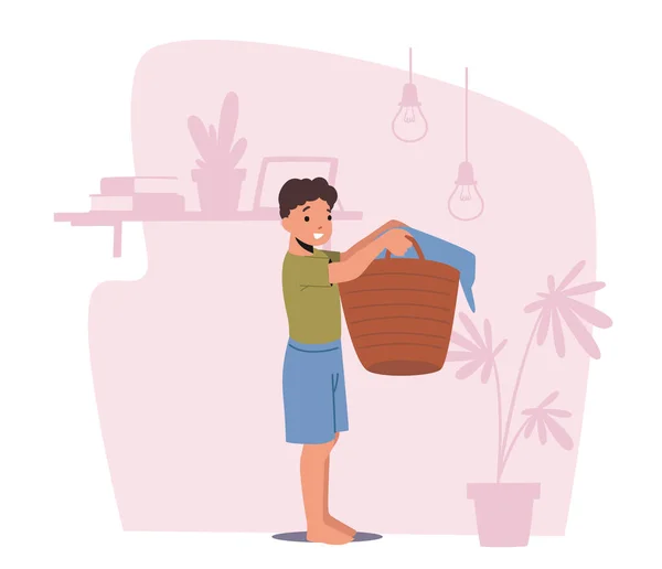 Carácter de niño pequeño sosteniendo cesta con ropa de cama listo para lavar en la lavandería. Ayuda del hijo a los padres que hacen tareas domésticas — Archivo Imágenes Vectoriales