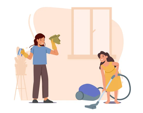 Kinderhelfer putzen zu Hause, saugen Teppiche, waschen und wischen Staub. Mädchen Geschwister Charaktere Hausarbeit — Stockvektor