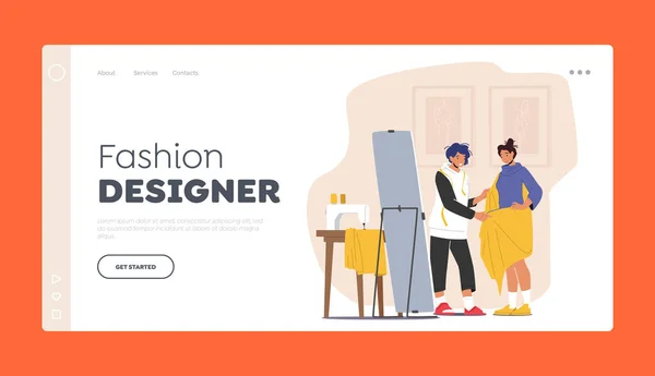Moda Projektant Landing Page Szablon. Dressmaker Projektowanie sukienka, Wrap klienta w tekstylny przód lustra w Atelier — Wektor stockowy