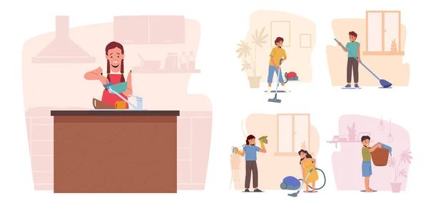 Állítsa be a gyermek karakterek házimunka feladatok. Fiú és lányok mosogatás a konyhában, porszívózás és sepregetés padló — Stock Vector