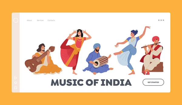 Musik Indien Landning Page Template. Indiska konstnärer, musiker och dansare i färgglada klänningar spela på instrument — Stock vektor