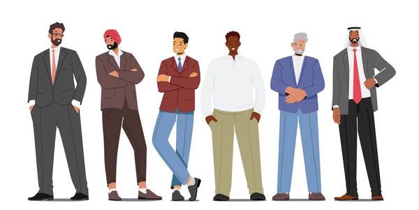 Diversos hombres de negocios están en fila. Carácter masculino seguro Caucásico, africano, indio o pakistaní, etnia asiática — Vector de stock