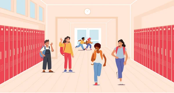 "Happy Children in School Hallway Interior". Снова в школу, счастливая группа детей, белые девочки, азиаты и чернокожие мальчики — стоковый вектор