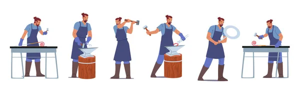 Conjunto de personajes masculinos herrero trabajan con instrumentos martillo o yunque. Hombre desgaste delantal profesional maestro de trabajo — Vector de stock