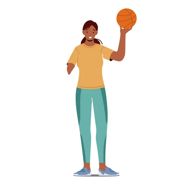 Paralympische atleet meisje, basketbalspeler met geamputeerde hand en bal, gehandicapte sportvrouw karakter dragen Uniform — Stockvector