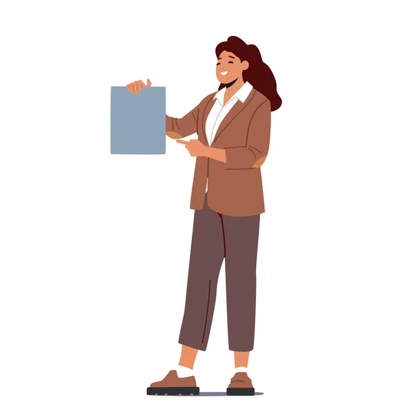 Une femme d'affaires souriante porte une bannière vide. Caractère féminin présentant des informations et pointant du doigt — Image vectorielle