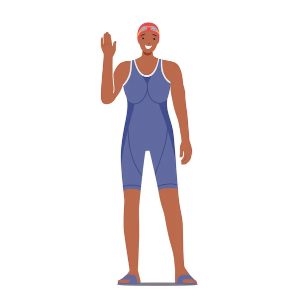 Mujer nadadora posando y agitando la mano, competición deportiva, torneo o concepto de campeonato. Traje de baño de desgaste femenino — Vector de stock
